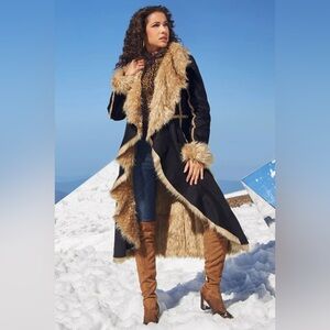 Donna Saylers Fabulous Furs 100% Faux Fur Cascading Trench Coat Faux Suede Brown